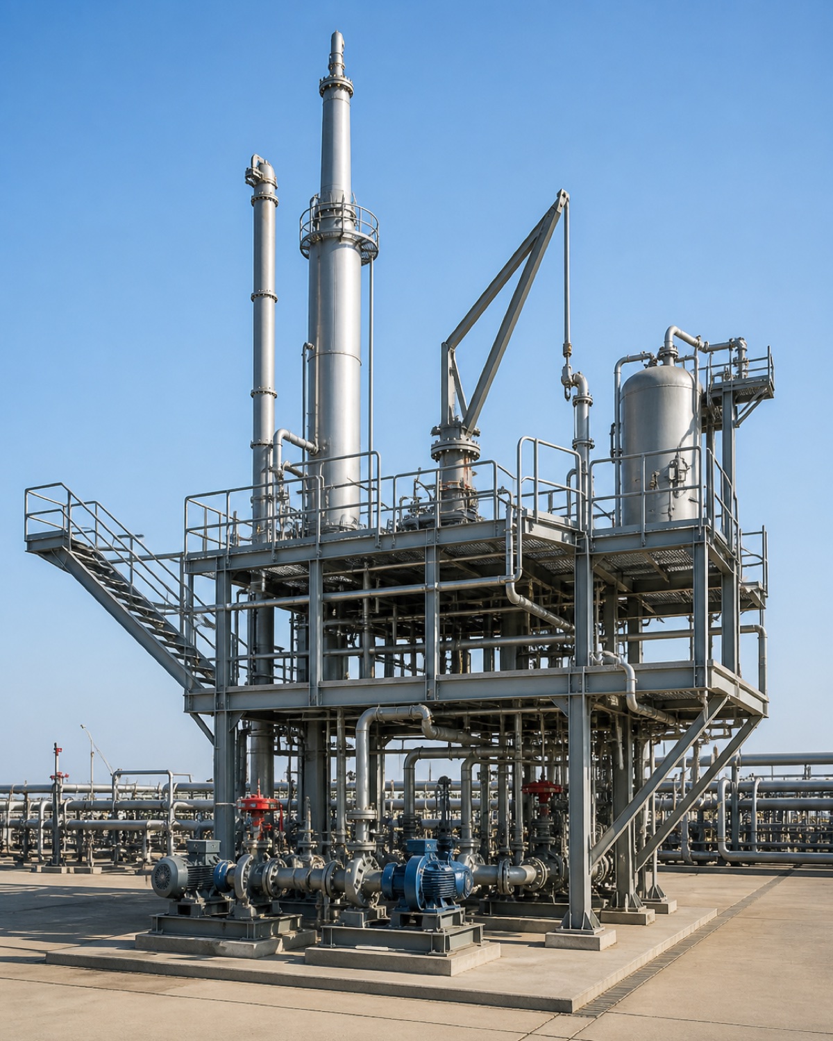 Industrial process island with pipe racks and pumping equipment